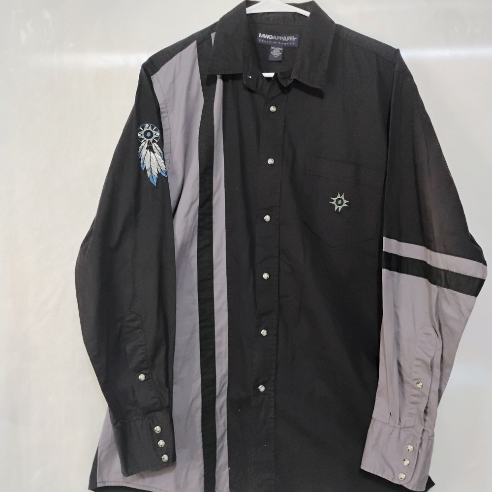 MWG Apparel‎ Large Western Snap Shirt Black Grey Colorblock Native Embroidery F